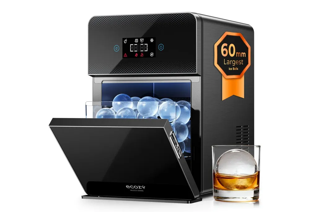 eCozy Eiswürfelmaschine für kristallklare Eiskugeln Ø 60 mm, extragroß, 3 Eiskugeln in 45 Min, Selbstreinigung, Duale Wasserzufuhr, LED-Display, 96 Eiskugeln/Tag