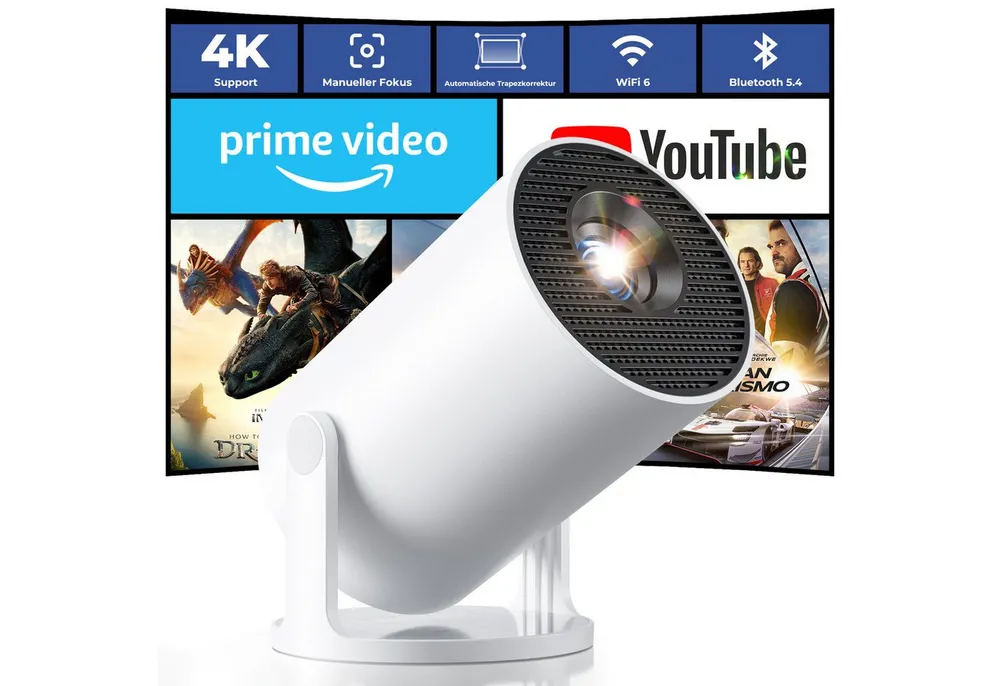 Einyoumily Mini Beamer Unterstützt 4K, Integrierte APP Android 14 Heimkino Beamer (20000 lm, 10000:1, 3840x2160 px)