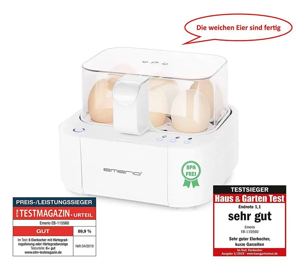 Emerio Eierkocher EB-115560.12 mit Sprachausgabe in Deutsch, Anzahl Eier: 6 St., 400 W