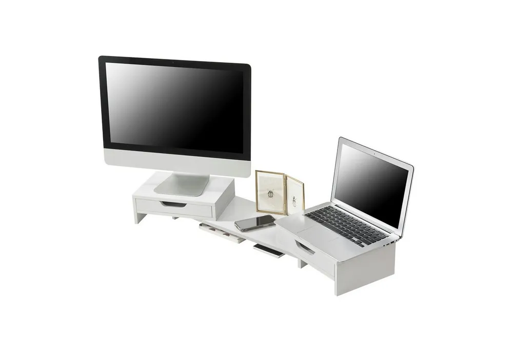 en.casa Monitorständer, (»Marttila« Monitorerhöhung mit 2 Schubladen 60x22x11cm Weiß)