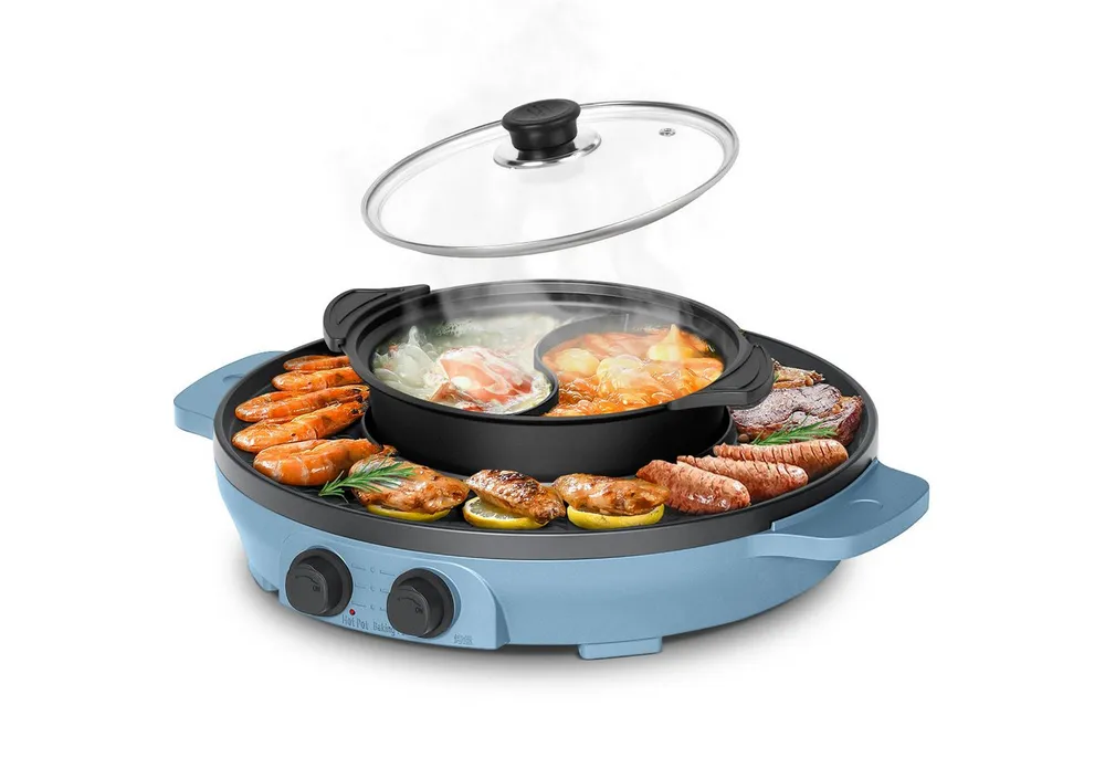 ENFRIFAM Teppanyakigrill Elektrische Hot Pot mit Grill, 2 in 1 Grillplatte Party-Pfanne Elektro, Antihaftbeschichtung, für 2-8 Personen, Doppelte Trennung Design