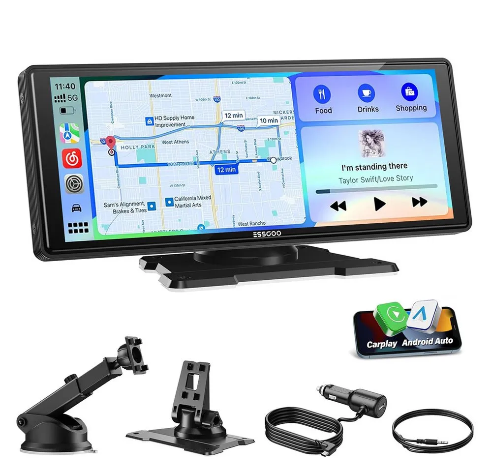 ESSGOO 10.26" Autoradio Kabellos Tragbar Apple CarPlay & Android Auto Einbau-Navigationsgerät (Autoradio Bluetooth Sprachsteuerung)