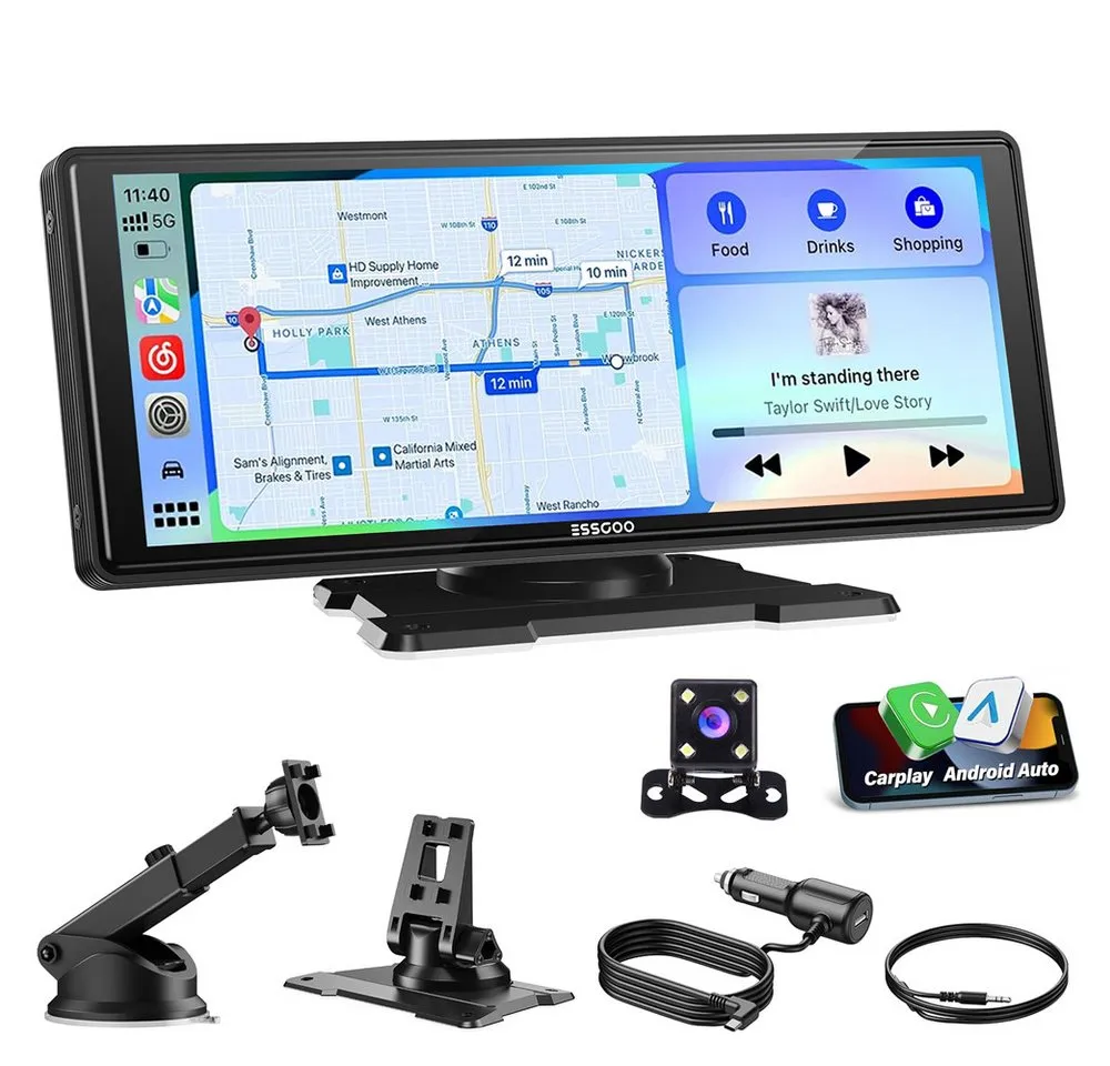 ESSGOO 10.26" Autoradio Kabellos Tragbar Apple CarPlay & Android Auto Einbau-Navigationsgerät (Autoradio Bluetooth Sprachsteuerung)