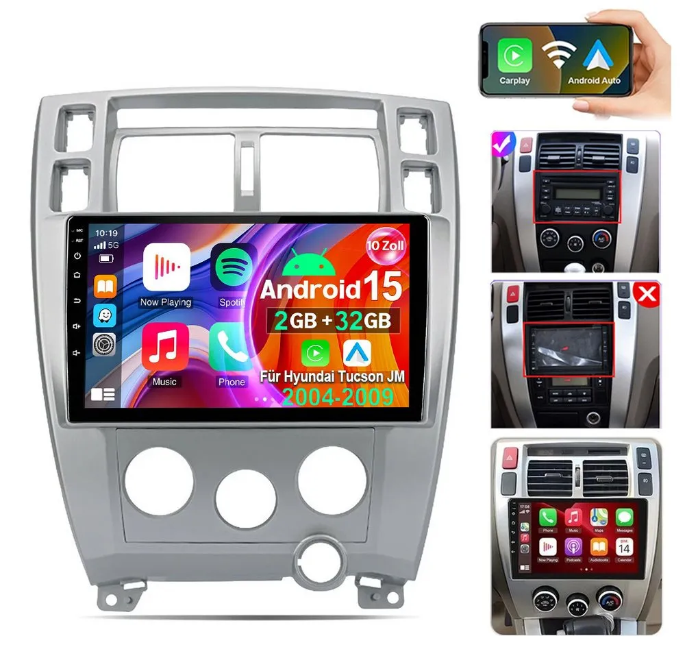 ESSGOO 10" Android 15 CarPlay Radio Für Hyundai Tucson JM 2004-2010 GPS NAVI Autoradio (4+64GB(optional), DAB (optional), DAB+ (optional), Carplay Android Auto Bluetooth EQ USB GPS Navi WIFI Touchscreen)