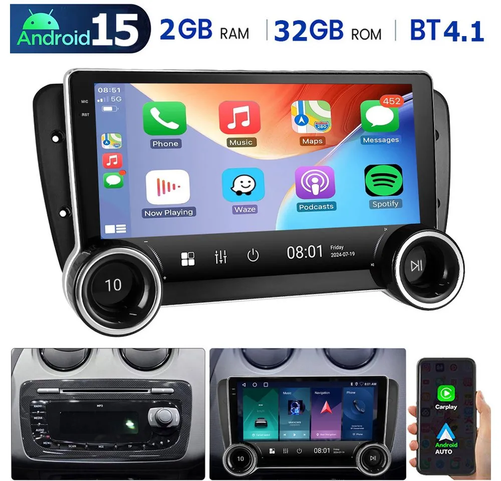 ESSGOO 10" Android15 Autoradio mit CarPlay für Seat Ibiza6 GPS Navi 2009-2013 Autoradio (RDS, 4+64GB(optional), Digitalradio (DAB), FM, AM, SWC, Carplay Android Auto Bluetooth EQ USB GPS Navi WIFI Touchscreen)
