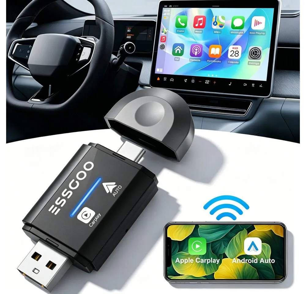 ESSGOO 2-in-1 CarPlay Android Auto Adapter USB Plug & Play für iPhone Android Adapter Type-C, USB zu Type-C, USB, Dashcam DVR Bluetooth Touchscreen USB WIFI Mirror Link Autoradio