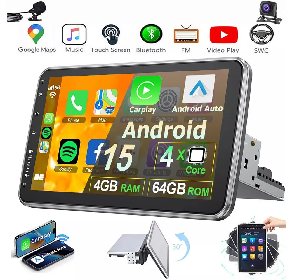 ESSGOO 4+64G Android 15 Autoradio 1 DIN 360° Drehbar Bildschirm Carplay Autoradio (RDS, 10,1, BT, NAVI, Digitalradio (DAB), SWC)