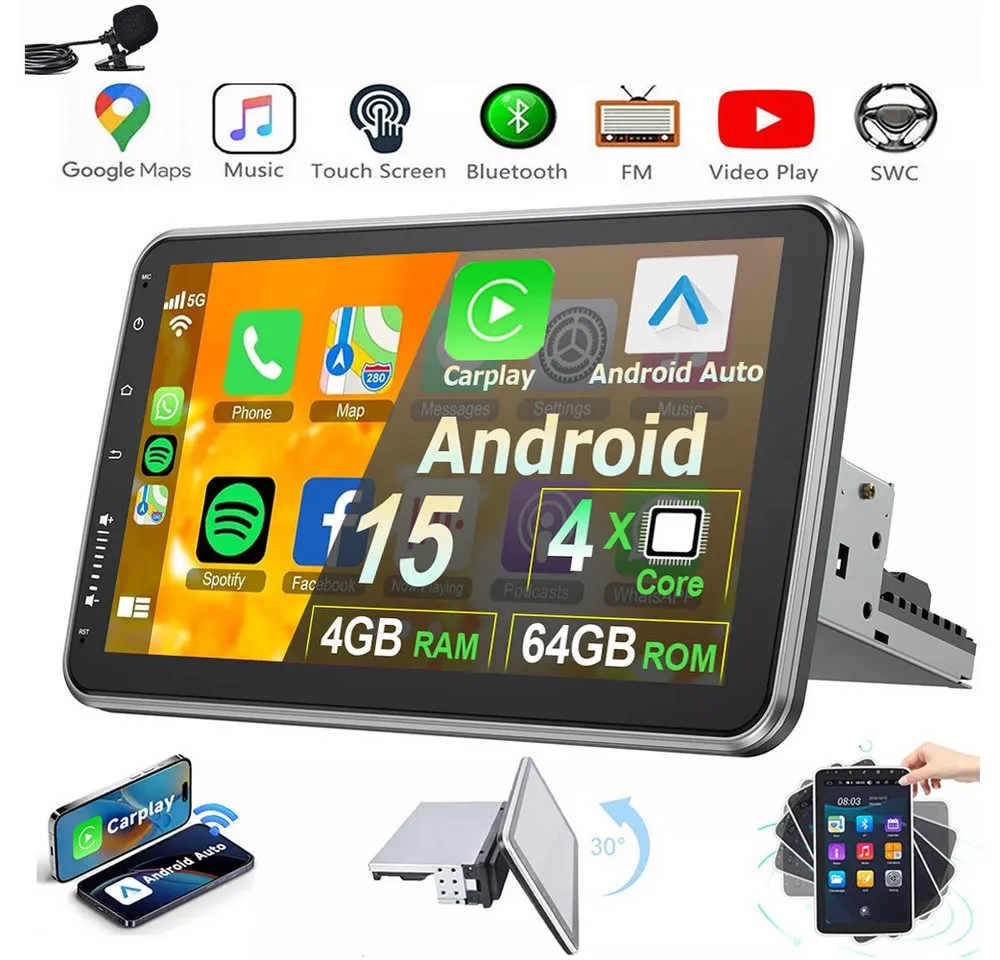 ESSGOO 4+64G Android 15 Autoradio 1 DIN 360° Drehbar Bildschirm Carplay Autoradio (RDS, 10,1, BT, NAVI, Digitalradio (DAB), SWC)