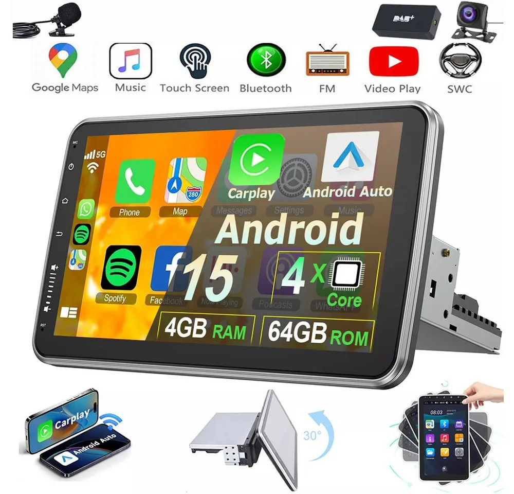 ESSGOO 4+64G Android 15 Autoradio 1 DIN 360° Drehbar Bildschirm Carplay Autoradio (RDS, 10,1, BT, NAVI, Digitalradio (DAB), SWC)