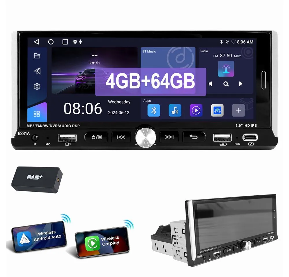 ESSGOO 4GB+64GB Single 1DIN Android 15 Apple Carplay Android Auto GPS WiFi Autoradio (Digitalradio (DAB), FM, AM, Touchscreen Mirror Link)