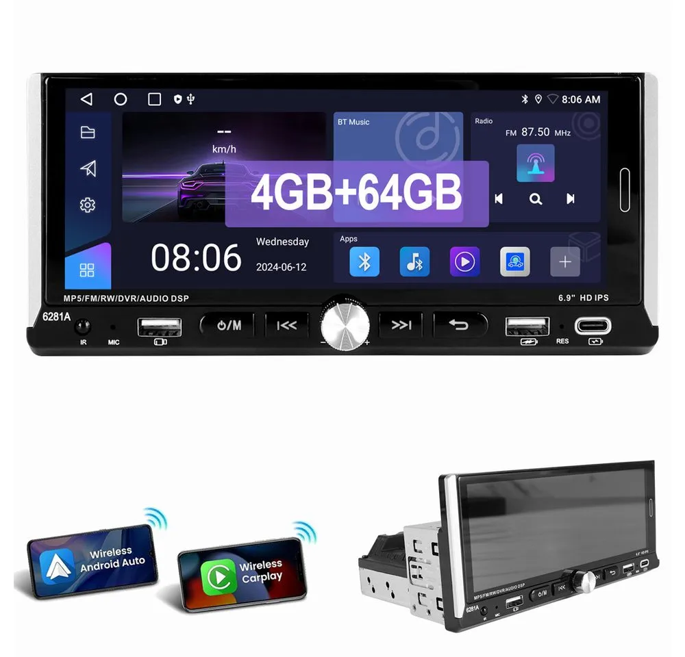 ESSGOO 4GB+64GB Single 1DIN Android 15 Apple Carplay Android Auto GPS WiFi Autoradio (Digitalradio (DAB), FM, AM, Touchscreen Mirror Link)