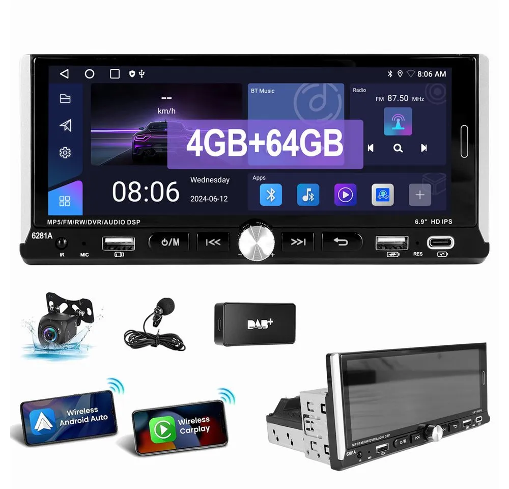 ESSGOO 4GB+64GB Single 1DIN Android 15 Apple Carplay Android Auto GPS WiFi Autoradio (Digitalradio (DAB), FM, AM, Touchscreen Mirror Link)