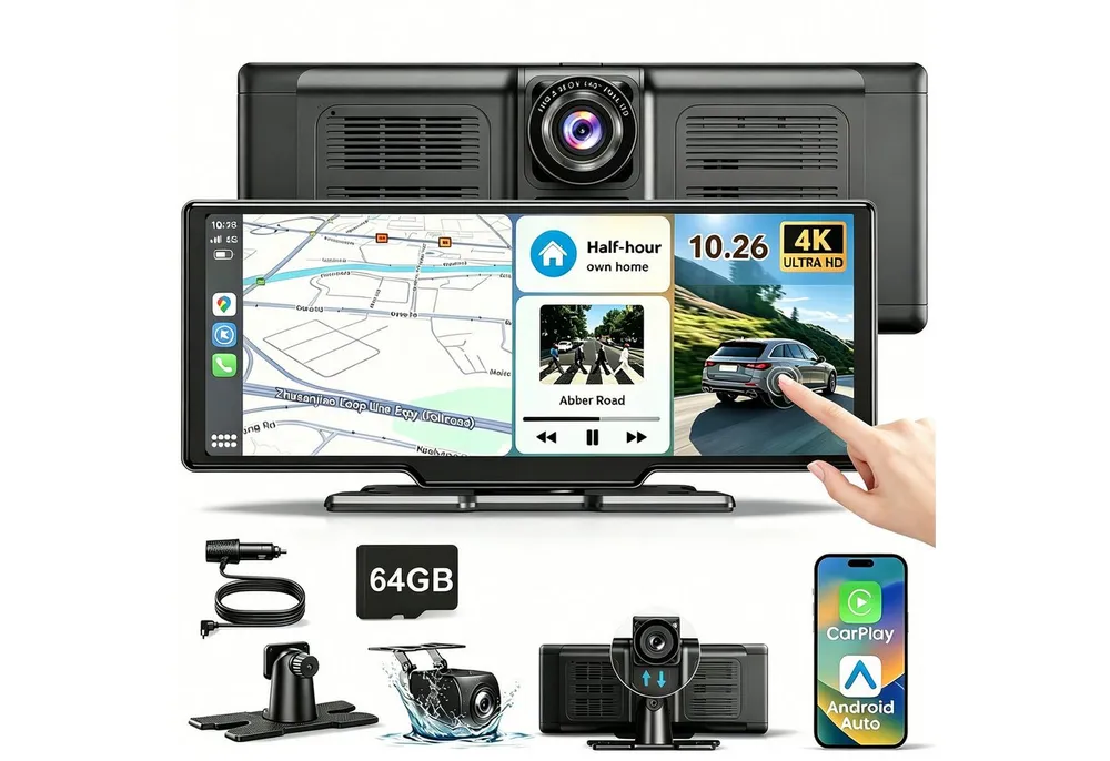 ESSGOO 4K 10.26'' Wireles Carplay Android Auto AutoRadio GPS Navigationsgerät Dashcam (Android Auto, Apple carplay, WiFi, TF Card, 64GB Rom TF Card WiFi,4K-Frontkamera/10.26" IPS Bildschirm(1600*600)