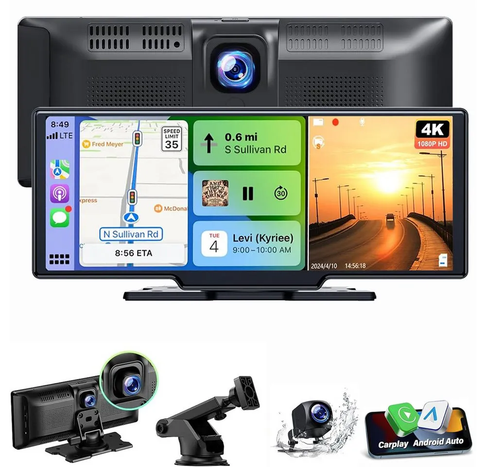ESSGOO 4K 10.26" Wireless Carplay Android Auto Display Vorne Rückfahrkamera Navigationsgerät (Tragbar Autoradio Rückfahrkamera IPS Touchscreen GPS Navi FM AUX)