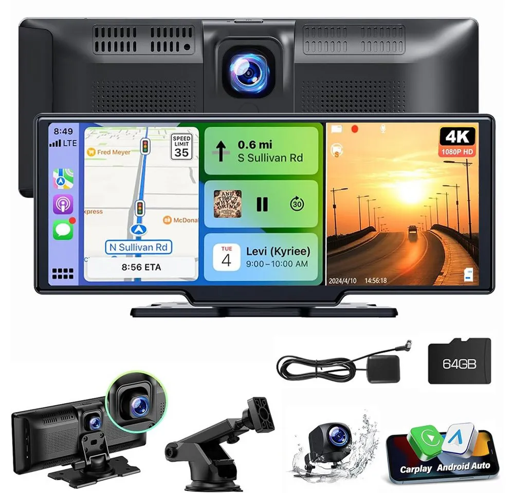 ESSGOO 4K 10.26" Wireless Carplay Android Auto Display Vorne Rückfahrkamera Navigationsgerät (Tragbar Autoradio Rückfahrkamera IPS Touchscreen GPS Navi FM AUX)