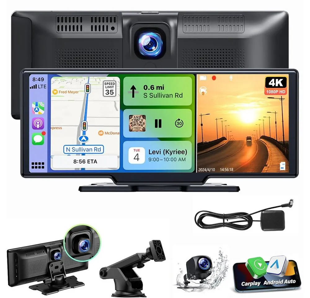 ESSGOO 4K 10.26" Wireless Carplay Android Auto Display Vorne Rückfahrkamera Navigationsgerät (Tragbar Autoradio Rückfahrkamera IPS Touchscreen GPS Navi FM AUX)