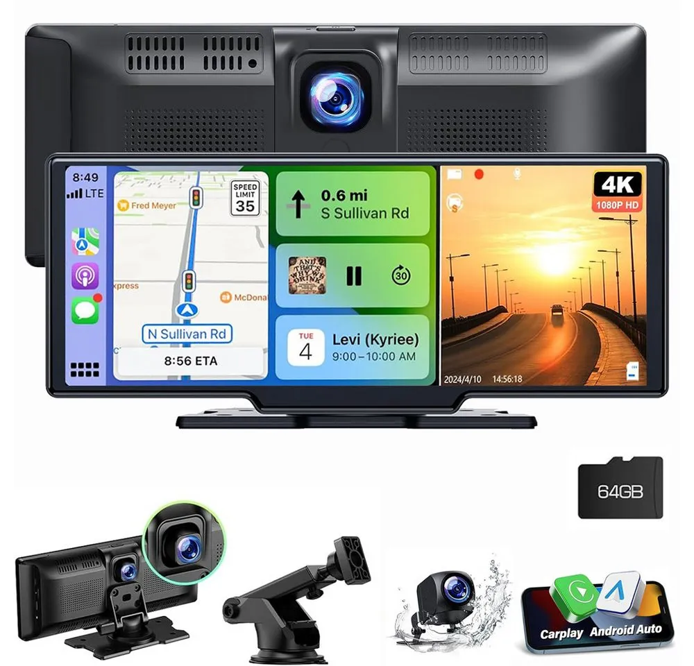 ESSGOO 4K 10.26" Wireless Carplay Android Auto Display Vorne Rückfahrkamera Navigationsgerät (Tragbar Autoradio Rückfahrkamera IPS Touchscreen GPS Navi FM AUX)