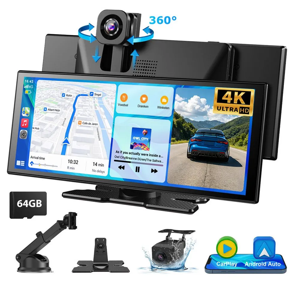 ESSGOO 4K 11,3“ Android Auto 360° Dashcam mit Rückfahrkamera Spiegel Dashcam (HD, Tragbar Autoradio Rückfahrkamera IPS Touchscreen GPS Navi FM AUX)