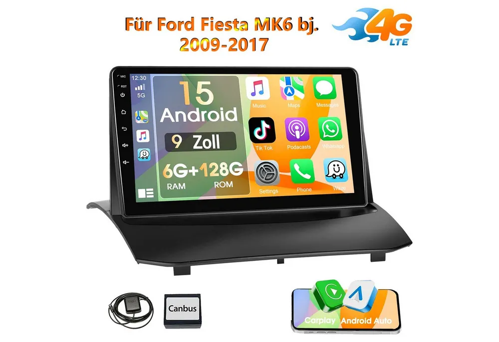 ESSGOO 6+128G Android 15 GPS NAVI für Ford Fiesta MK6 bj. 2008-2016 Carplay Autoradio (RDS, FM, DAB+ (optional), SWC)