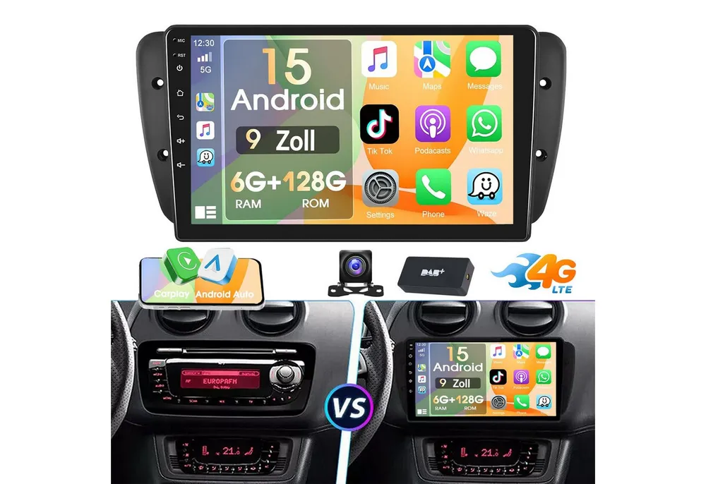 ESSGOO 6+128G Für Seat Ibiza 6j 2009-13 GPS Sat Navi WIFI Android 15 Carplay Autoradio (RDS, 6GB+128GB, 4G LTE, DAB (optional), FM, AM, DAB+ (optional), Carplay Android Auto Bluetooth EQ USB GPS Navi WIFI Touchscreen)
