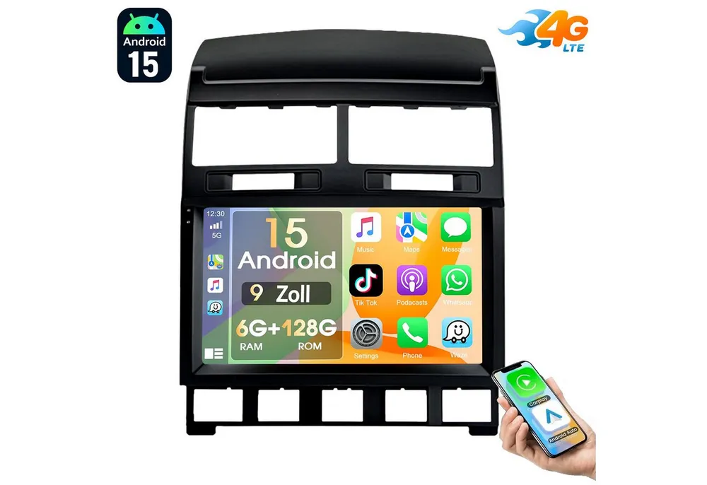 ESSGOO 6+128G Für VW Touareg 7L 2003-10 Autoradio CarPlay Android 15 GPS Navi Autoradio (6GB+128GB, RDS, 4G LTE, Digitalradio (DAB), FM, AM, Carplay Android Auto Bluetooth EQ USB GPS Navi WIFI Touchscreen)