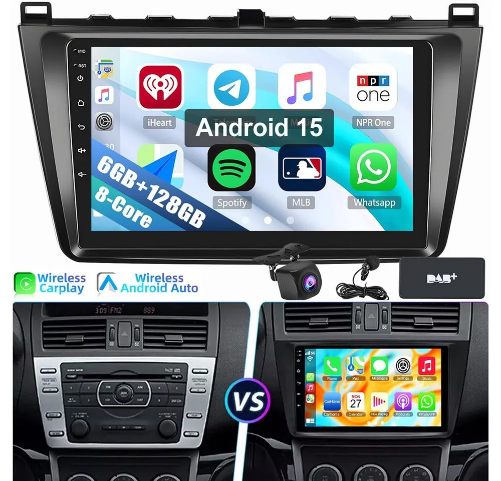 ESSGOO 6+128GB Android 15 Für Mazda 6 GH GG 2007-2012 8-Kern Autoradio (RDS, Digitalradio (DAB), FM, AM, Apple Carplay Android Auto SWC EQ BT)