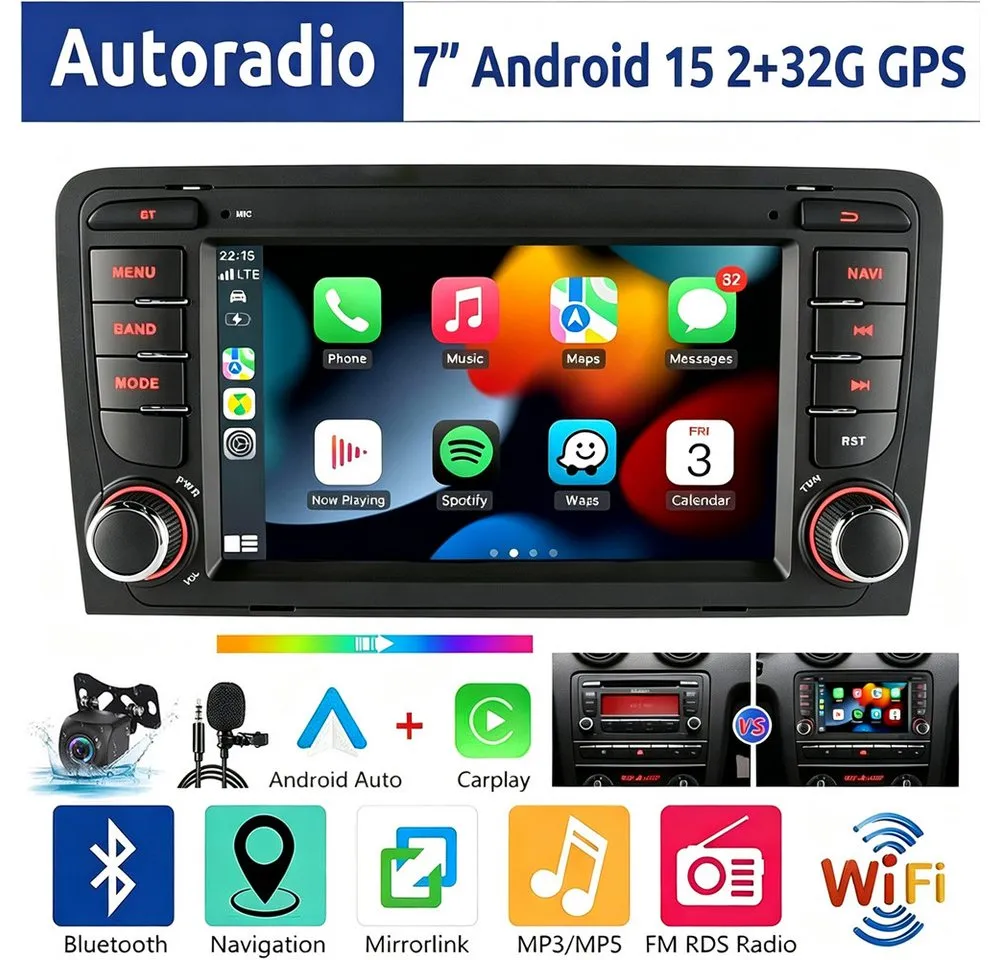 ESSGOO 7" Android 15 Für Audi A3 8P 2003-2012 S3 2006-2012 RS3 GPS Navi Autoradio (RDS, 2+64GB(optional), FM, DAB+ (optional), Wireless Carplay Android Auto Bluetooth EQ USB WIFI Touchscreen SWC)