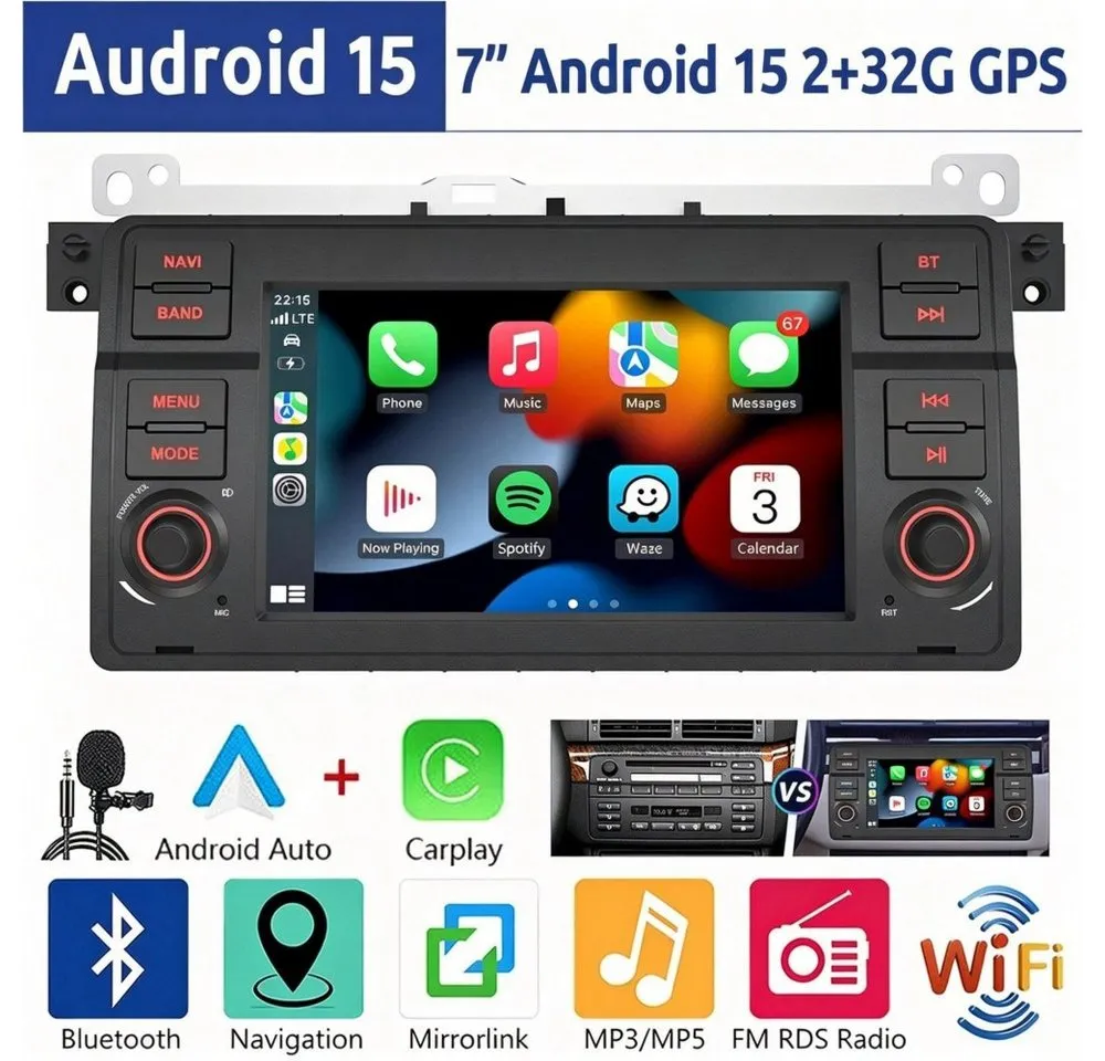 ESSGOO 7" Android 15 Für BMW E46 3er 318 320 325 M3 Rover 75 MGZT GPS Navi Autoradio (RDS, 2+64GB(optional), FM, DAB+ (optional), Wireless Carplay Android Auto Bluetooth EQ USB WIFI Touchscreen SWC)