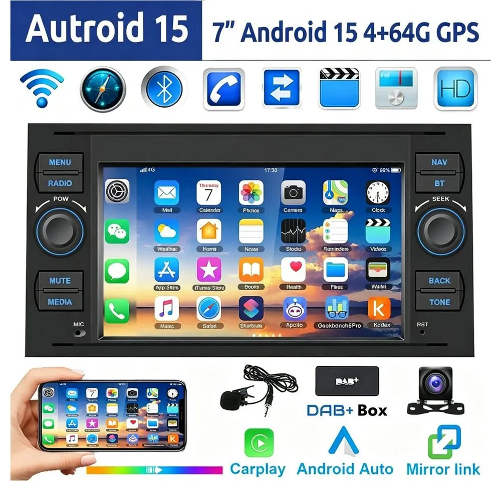 ESSGOO 7" Android 15 Für Ford Focus Transit MK7 C S-Max Fiesta Galaxy Kuga Autoradio (RDS, 2+64GB(optional), 4G, FM, DAB+ (optional), GPS Navi Carplay Android Auto Bluetooth EQ USB WIFI Touchscreen SWC)