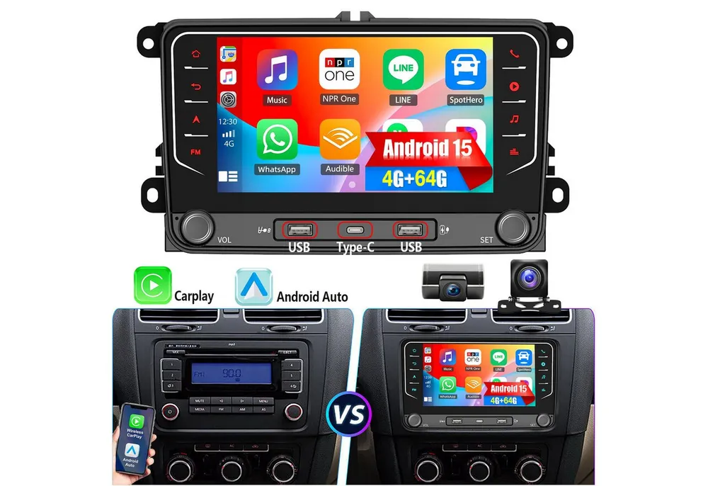 ESSGOO 7" Android 15 Für VW GOLF 5 6 Touran EOS Tiguan Polo 6R Passat Caddy Autoradio (RDS, 4+64G(optional), DAB (optional), FM, DAB+ (optional), Carplay Android Auto DAB (optional), RDS, FM, 4+64GB, SWC, GPS NAVI)