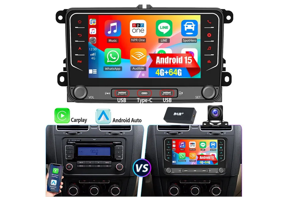 ESSGOO 7" Android 15 Für VW GOLF 5 6 Touran EOS Tiguan Polo 6R Passat Caddy Autoradio (RDS, 4+64G(optional), DAB (optional), FM, DAB+ (optional), Carplay Android Auto DAB (optional), RDS, FM, 4+64GB, SWC, GPS NAVI)