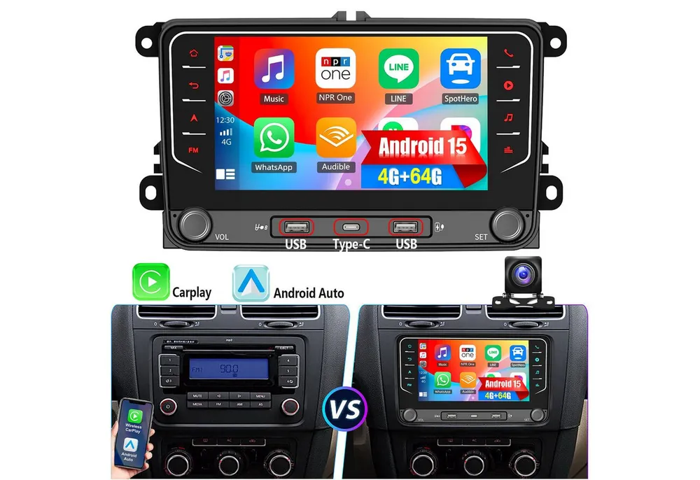 ESSGOO 7" Android 15 Für VW GOLF 5 6 Touran EOS Tiguan Polo 6R Passat Caddy Autoradio (RDS, 4+64G(optional), DAB (optional), FM, DAB+ (optional), Carplay Android Auto DAB (optional), RDS, FM, 4+64GB, SWC, GPS NAVI)