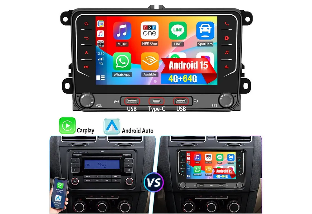 ESSGOO 7" Android 15 Für VW GOLF 5 6 Touran EOS Tiguan Polo 6R Passat Caddy Autoradio (RDS, 4+64G(optional), DAB (optional), FM, DAB+ (optional), Carplay Android Auto DAB (optional), RDS, FM, 4+64GB, SWC, GPS NAVI)