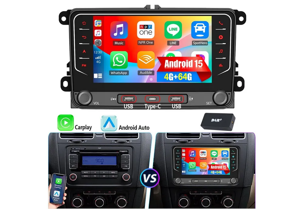 ESSGOO 7" Android 15 Für VW GOLF 5 6 Touran EOS Tiguan Polo 6R Passat Caddy Autoradio (RDS, 4+64G(optional), DAB (optional), FM, DAB+ (optional), Carplay Android Auto DAB (optional), RDS, FM, 4+64GB, SWC, GPS NAVI)