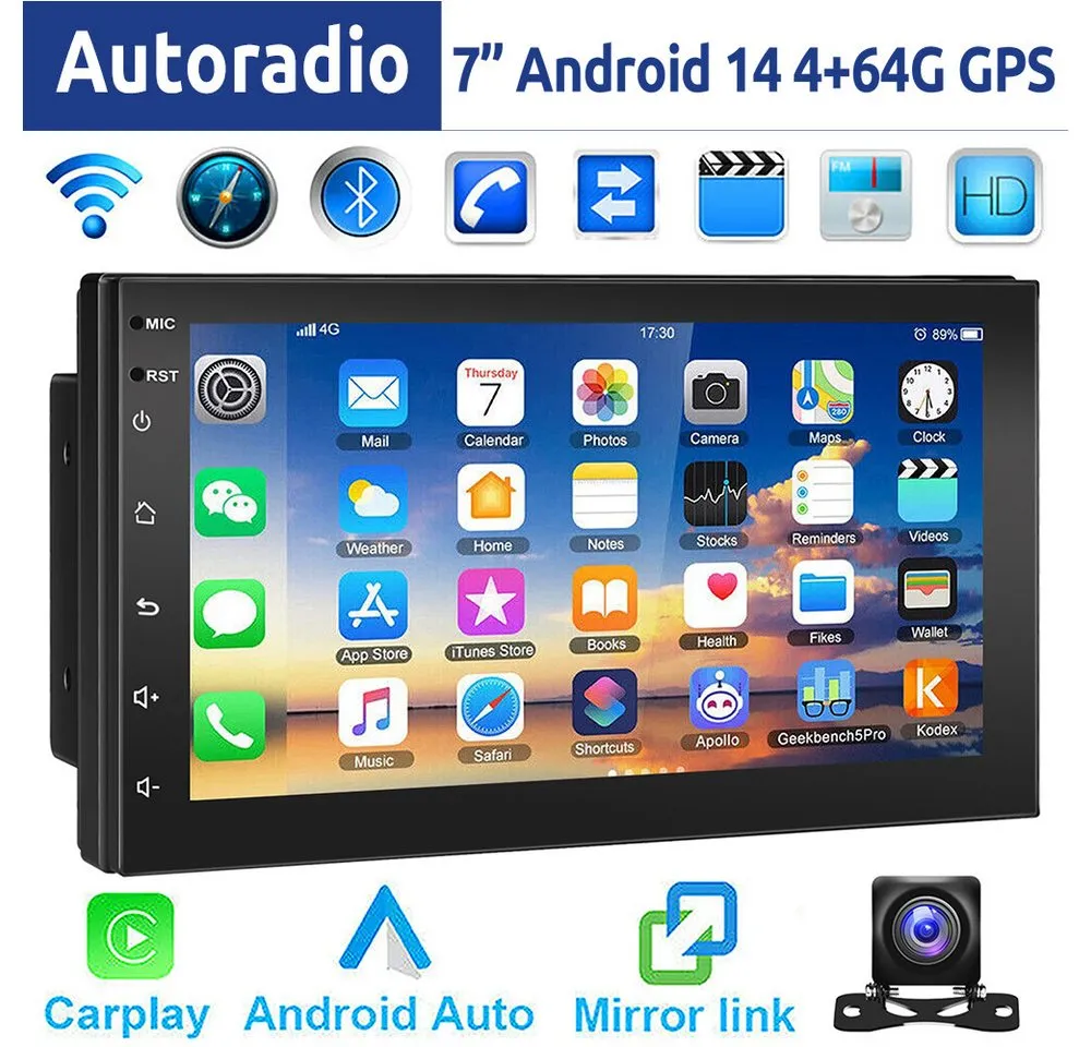 ESSGOO 7 Zoll Doppel 2 DIN Android 14 4+64G Autoradio (Digitalradio (DAB), FM, RDS, FM RDS Bluetooth EQ USB Apple Carplay Android Auto GPS Navi WIFI)