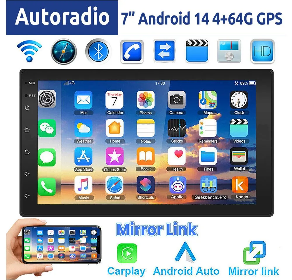 ESSGOO 7 Zoll Doppel 2 DIN Android 14 4+64G Autoradio (Digitalradio (DAB), FM, RDS, FM RDS Bluetooth EQ USB Apple Carplay Android Auto GPS Navi WIFI)