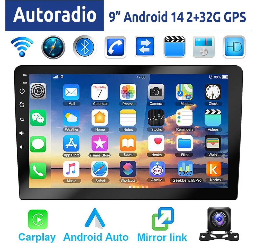 ESSGOO 9/10 Zoll Doppel 2 DIN Android 14 Wireless Carplay Android Auto Autoradio (DAB+ (optional), FM, RDS, 4+64GB(optional), FM RDS Bluetooth EQ USB GPS Navi WIFI IPS Touchscreen Mirror Link SWC)