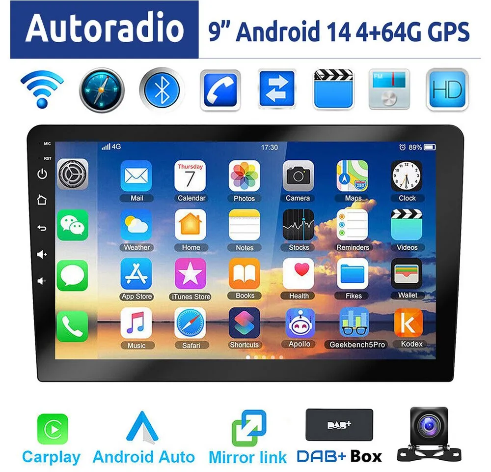 ESSGOO 9/10 Zoll Doppel 2 DIN Android 14 Wireless Carplay Android Auto Autoradio (DAB+ (optional), FM, RDS, 4+64GB(optional), FM RDS Bluetooth EQ USB GPS Navi WIFI IPS Touchscreen Mirror Link SWC)
