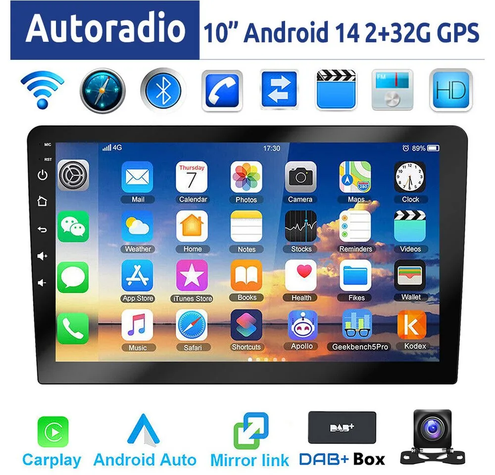 ESSGOO 9/10 Zoll Doppel 2 DIN Android 14 Wireless Carplay Android Auto Autoradio (DAB+ (optional), FM, RDS, 4+64GB(optional), FM RDS Bluetooth EQ USB GPS Navi WIFI IPS Touchscreen Mirror Link SWC)