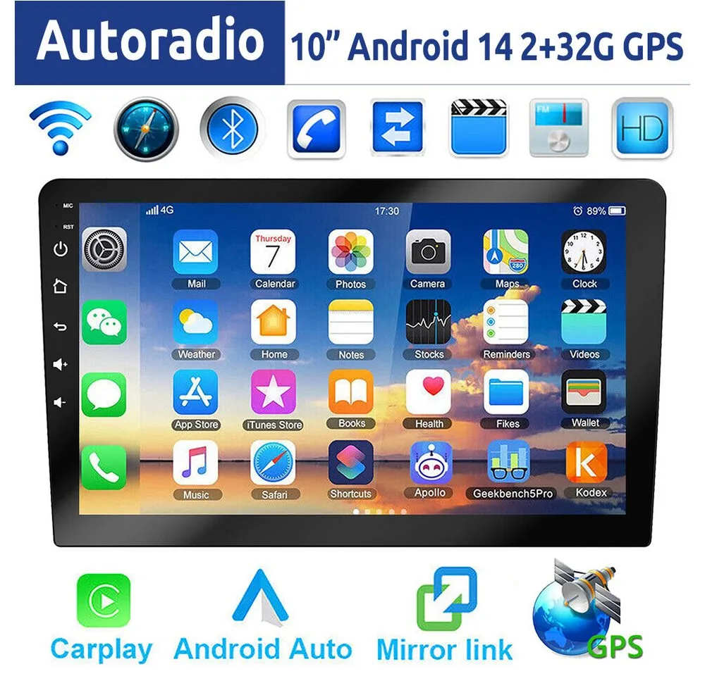 ESSGOO 9/10 Zoll Doppel 2 DIN Android 14 Wireless Carplay Android Auto Autoradio (DAB+ (optional), FM, RDS, 4+64GB(optional), FM RDS Bluetooth EQ USB GPS Navi WIFI IPS Touchscreen Mirror Link SWC)