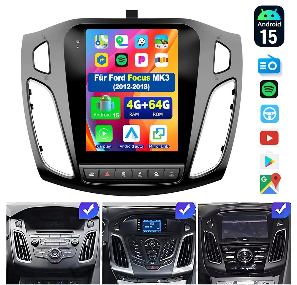 ESSGOO 9.7'' Android 15 CarPlay Autoradio Radio für Ford Focus MK3 2012-2018 Autoradio (RDS, 4+64GB(optional), Digitalradio (DAB), FM, AM, BT4.1, SWC, Carplay Android Auto Bluetooth EQ USB GPS Navi WIFI Touchscreen)