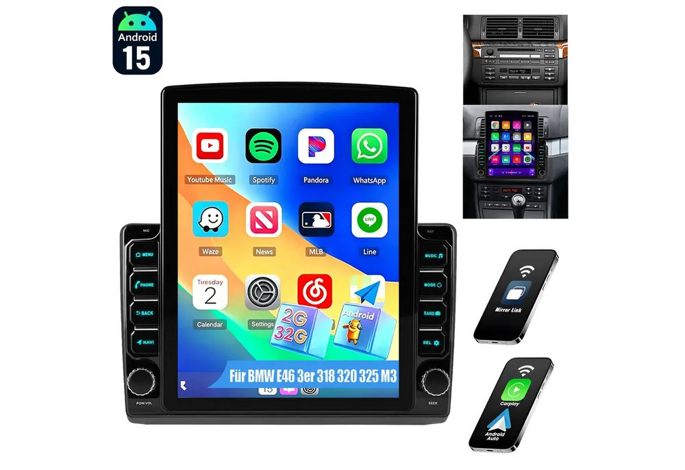 ESSGOO 9.7'' Carplay Für BMW E46 3er 318 320 325 M3 Autoradio Android 15 GPS Autoradio (RDS, 4+64GB(optional), Digitalradio (DAB), FM, USB- und Type-C, Carplay Android Auto Bluetooth EQ USB GPS Navi WIFI Touchscreen)