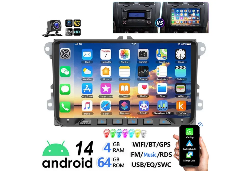 ESSGOO 9" Android 14 64G Für VW GOLF 5 6 Touran Tiguan Polo Passat Caddy EOS Autoradio (DAB+ (optional), FM, RDS, Carplay Android Auto GPS Navi Touchscreen Bluetooth FM RDS WIFI USB)