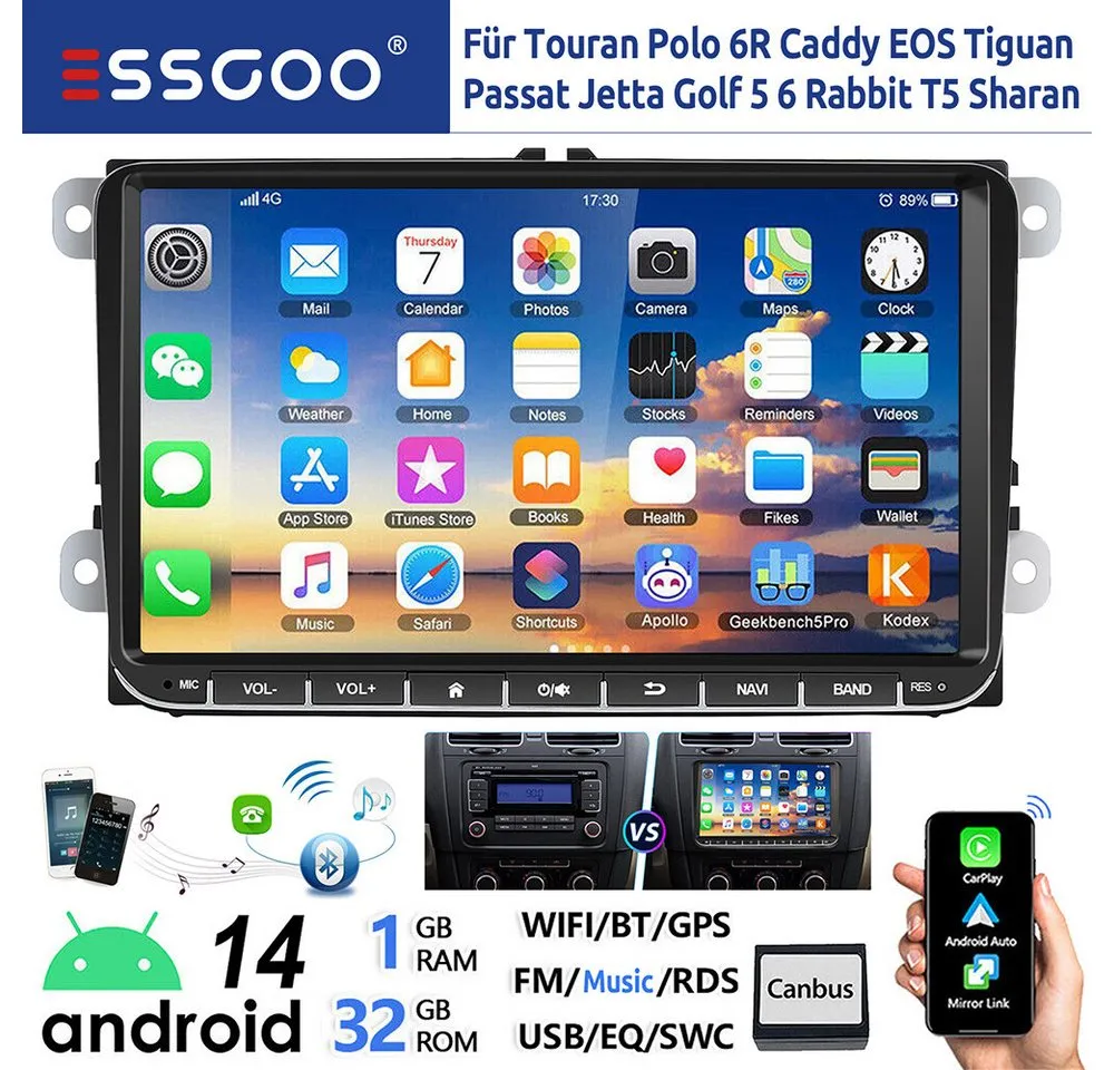 ESSGOO 9" Android 14 Carplay Für VW GOLF 5 6 Passat Caddy Touran EOS Polo 6R Autoradio (DAB+ (optional), FM, RDS, Android Auto GPS Navi WIFI FM Bluetooth RDS Touchscreen USB EQ)