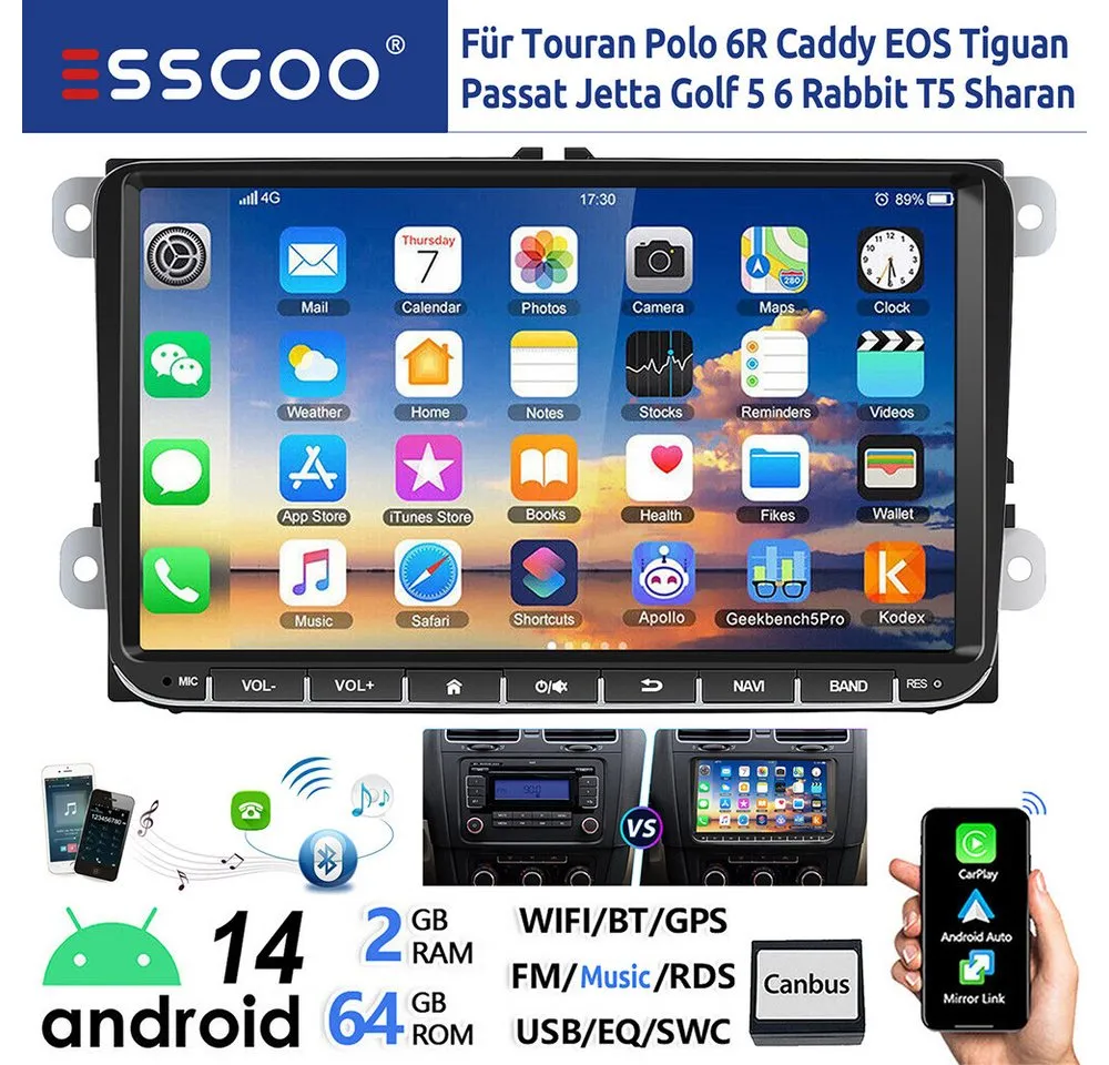 ESSGOO 9" Android 14 Carplay Für VW GOLF 5 6 Passat Caddy Touran EOS Polo 6R Autoradio (DAB+ (optional), FM, RDS, Android Auto GPS Navi WIFI FM Bluetooth RDS Touchscreen USB EQ)