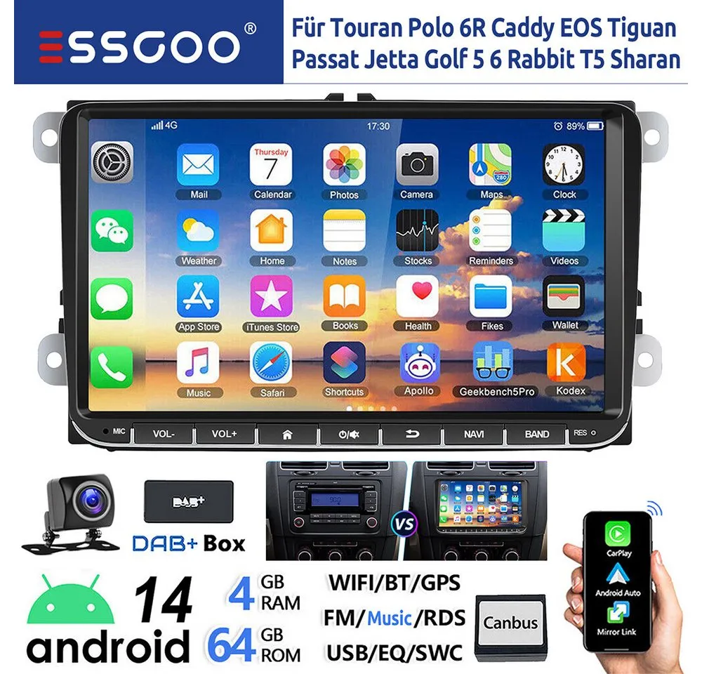 ESSGOO 9" Android 14 Carplay Für VW GOLF 5 6 Passat Caddy Touran EOS Polo 6R Autoradio (DAB+ (optional), FM, RDS, Android Auto GPS Navi WIFI FM Bluetooth RDS Touchscreen USB EQ)