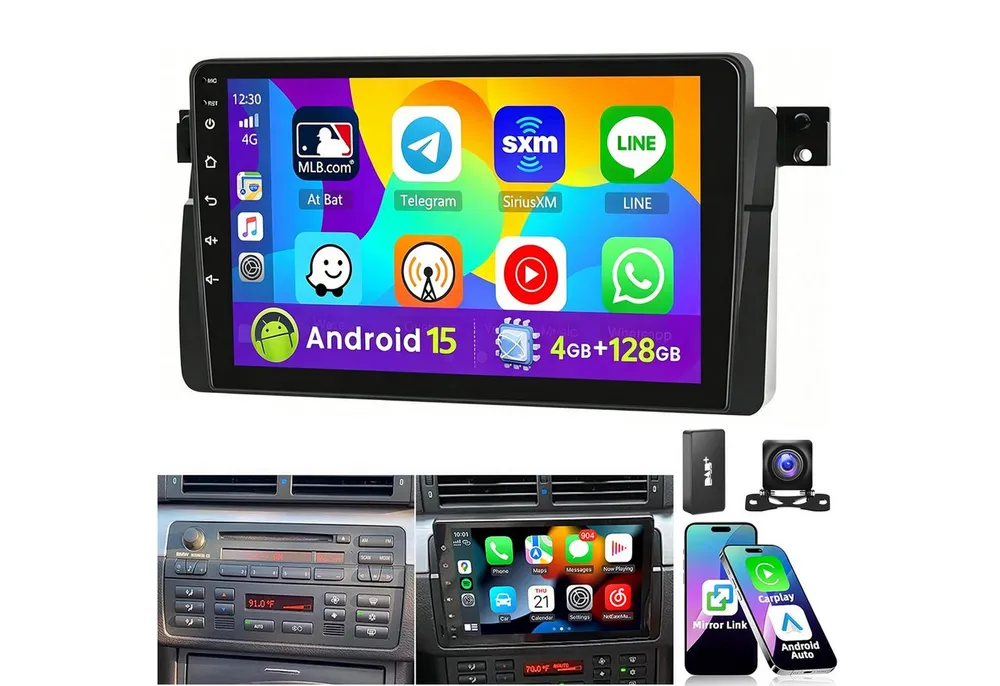ESSGOO 9" Android 15 Autoradio für BMW 3er E46 1998–2006 Wireless CarPlay GPS Autoradio (RDS, 4+128GB(optional), 4+64GB(optional), Digitalradio (DAB), FM, AM, SWC, Carplay Android Auto Bluetooth EQ USB GPS Navi WIFI Touchscreen)