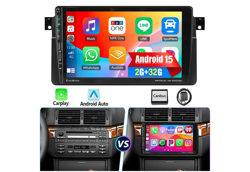 ESSGOO 9" Android 15 Autoradio für BMW 3er E46 1998–2006 CarPlay GPS Mit USB Autoradio (4+64GB(optional), Digitalradio (DAB), FM, USB und Type-C, AM, SWC, GPS Navi Android Auto Bluetooth EQ USB WIFI IPS Touchscreen)