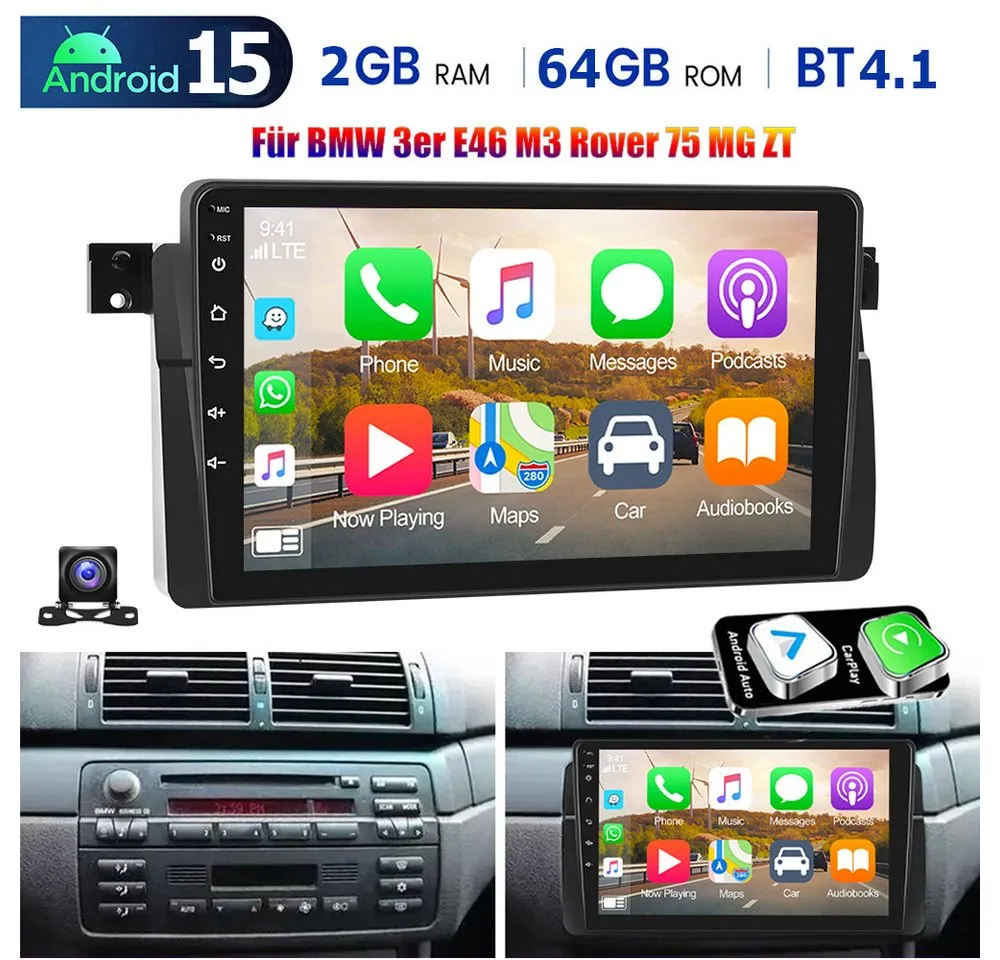 ESSGOO 9" Android 15 Autoradio für BMW 3er E46 1998–2006 Wireless CarPlay GPS Autoradio (RDS, 4+128GB(optional), 4+64GB(optional), Digitalradio (DAB), FM, AM, SWC, Carplay Android Auto Bluetooth EQ USB GPS Navi WIFI Touchscreen)