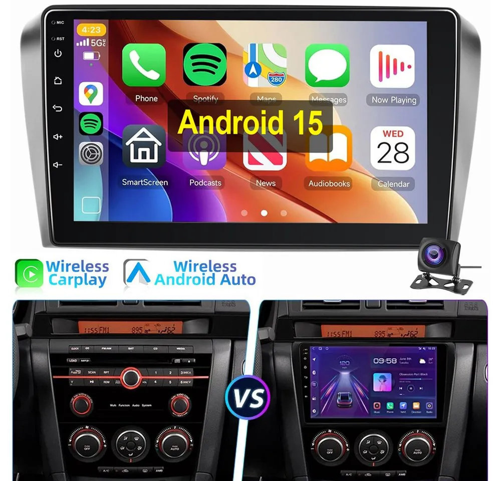 ESSGOO 9" Android 15 Autoradio Für Mazda 3 2003-2009 BK Carpaly Navi WIFI BT Autoradio (4+4GB optional, BT, FM AM SWC RDS)
